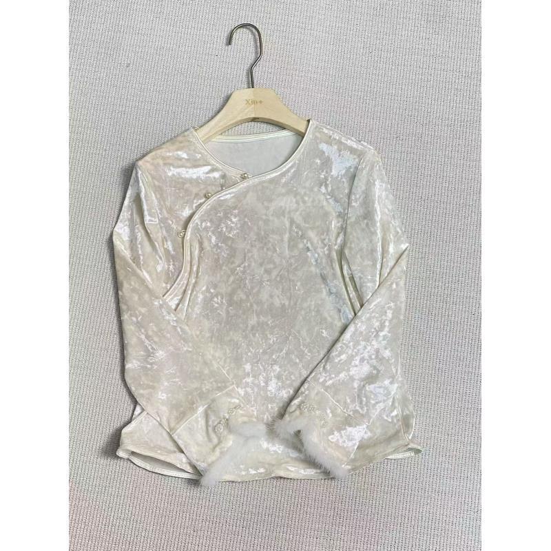 2025秋冬新中式国风女装新款丝绒长袖拼水貂毛圆领时尚上衣A226