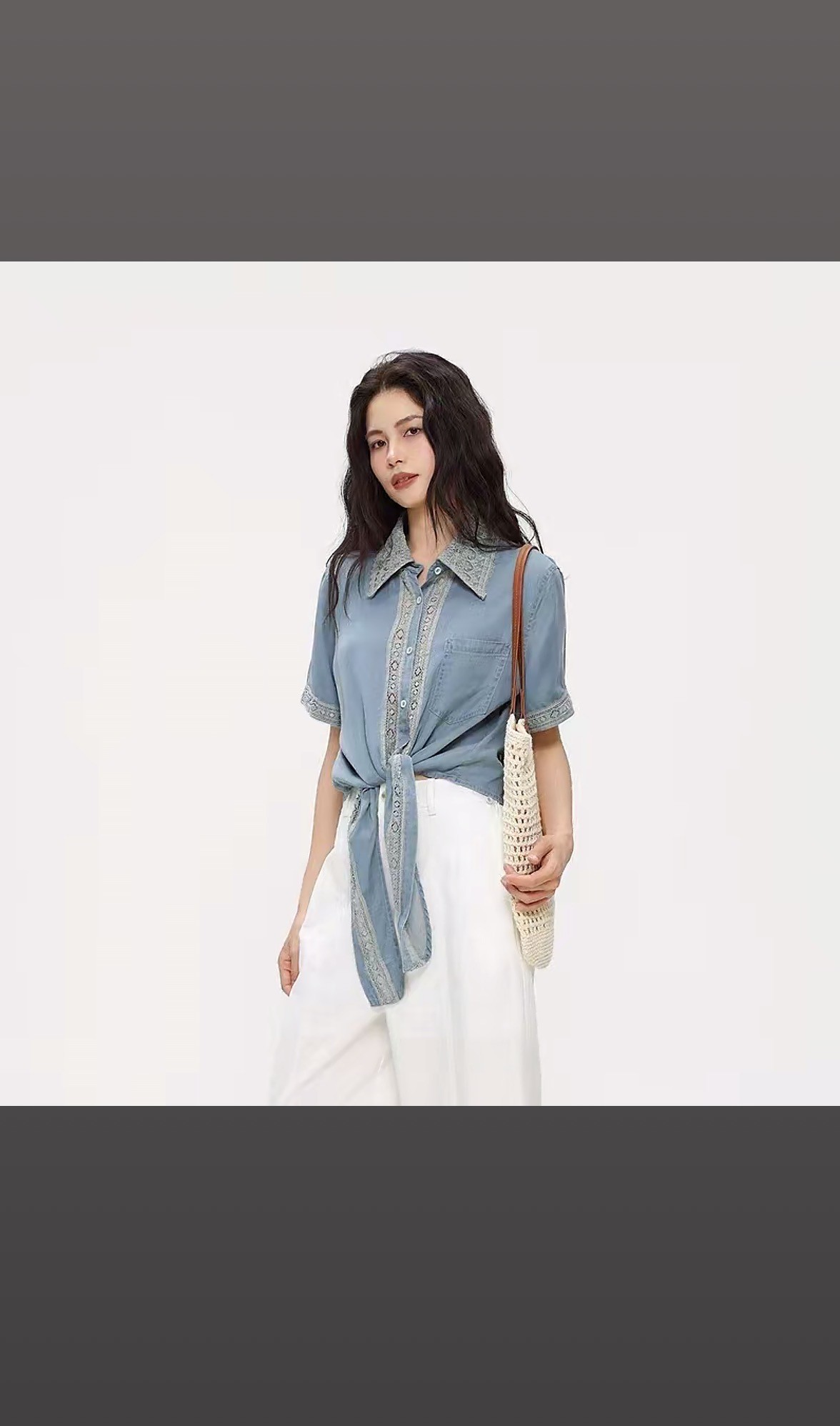 【Z】723/931327/160 莱赛尔蕾丝烧花牛仔衬衫女夏薄款别致百搭