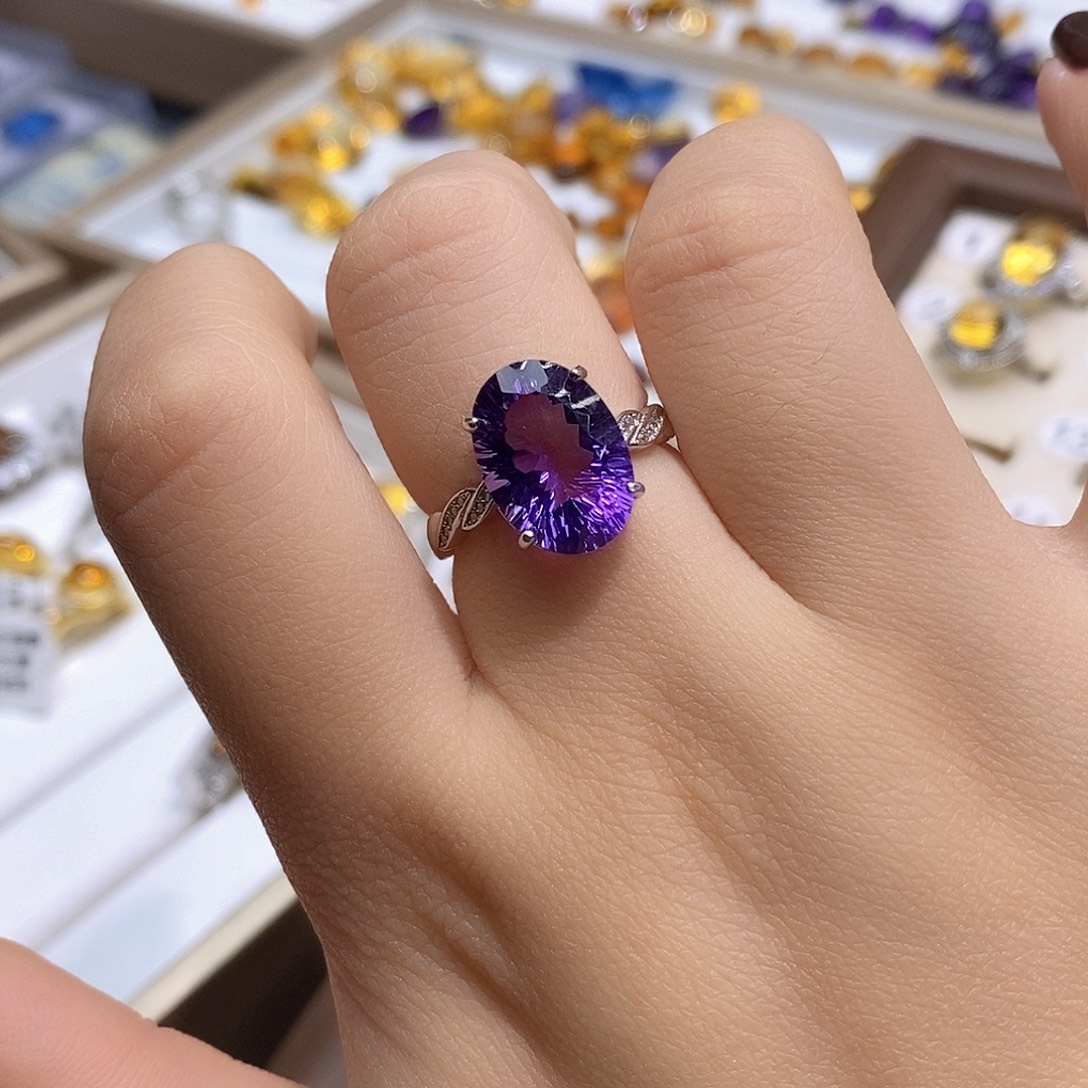 福***咪水晶银S925镶嵌戒指纯天然紫水晶戒指J