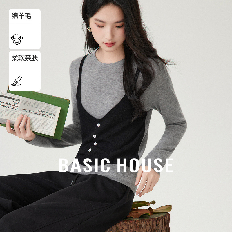 Basic House/百家好秋新款撞色叠穿假两件长袖针织衫B0625B5GTU2