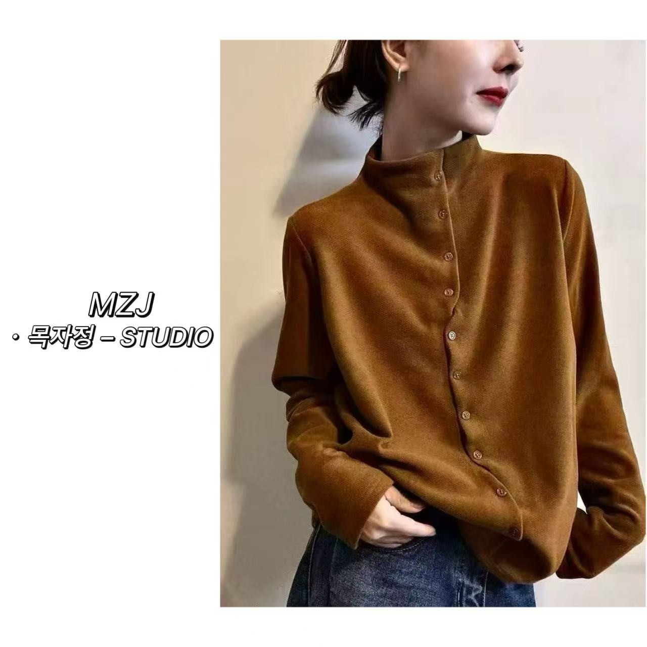 木子静−「果冻暖绒」韩系简约高领排扣洋气修身长袖T恤-9206