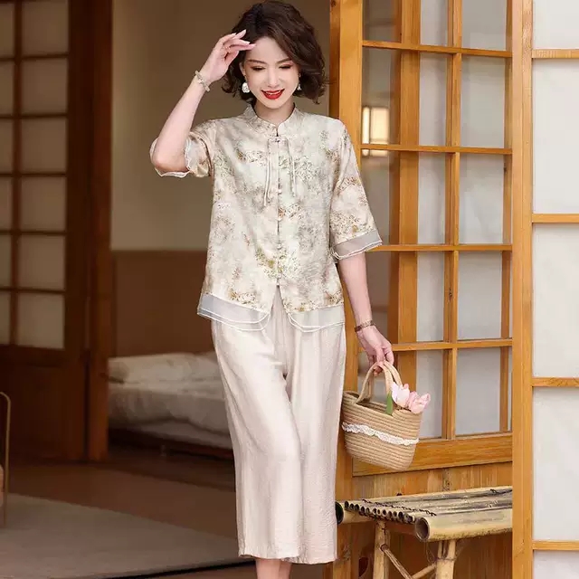 （套装）时尚新中式妈妈夏装套装短袖中老年女夏季衬衫洋气国风