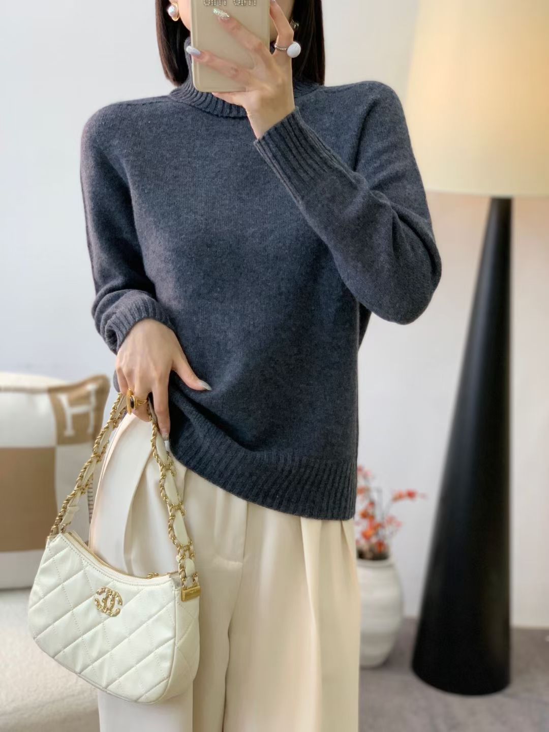 双反领加厚无缝100%美丽诺羊毛衫