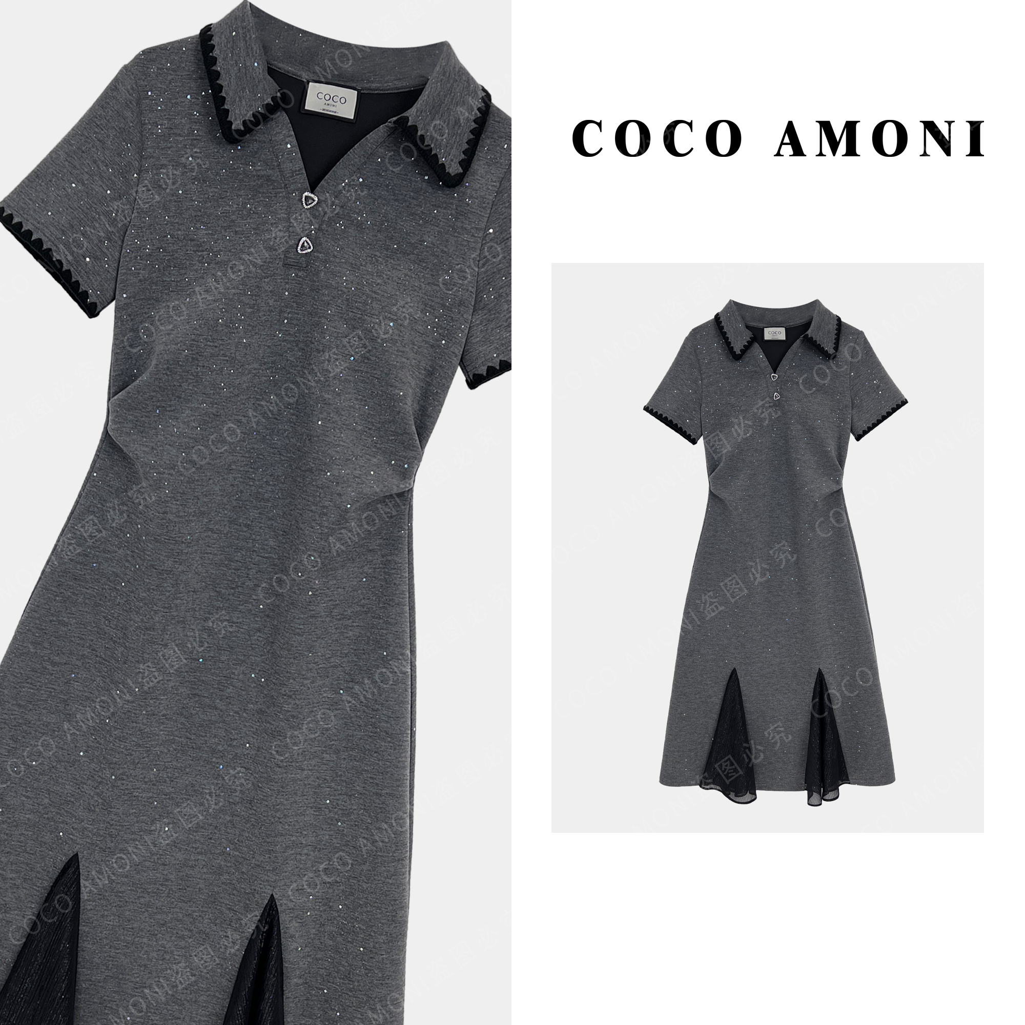 高级设计师女装拼接重工褶皱收腰显瘦气质连衣裙AC348