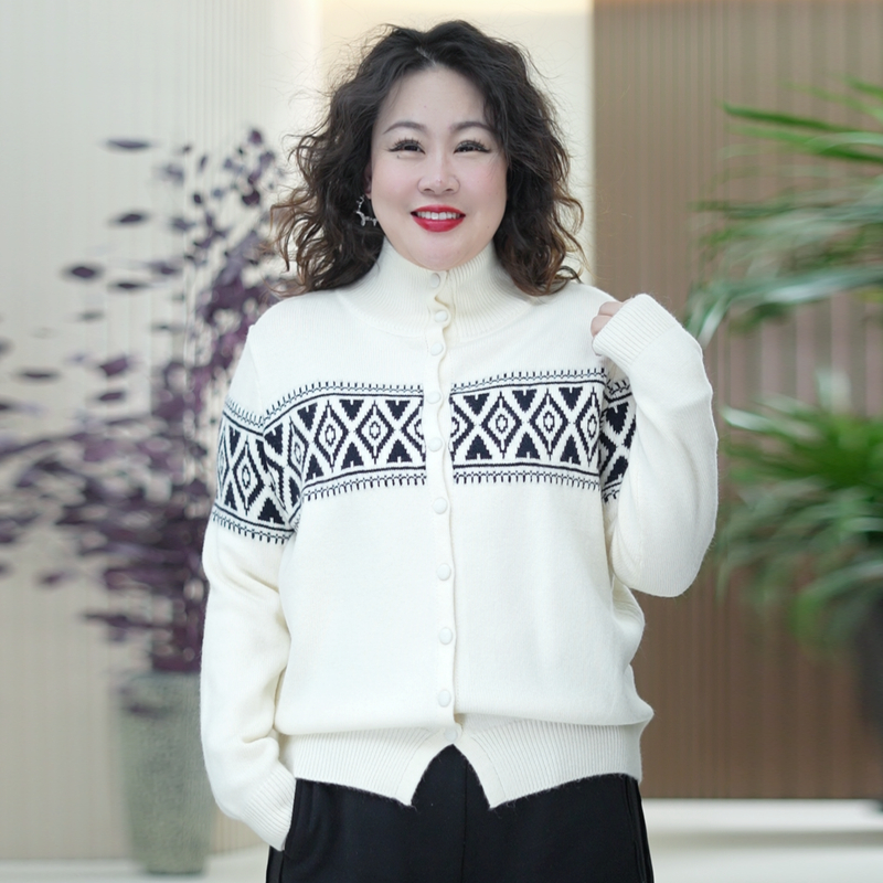 兔毛绵羊毛针织衫费尔岛提花可立可翻领大码保暖秋冬季毛衣开衫女