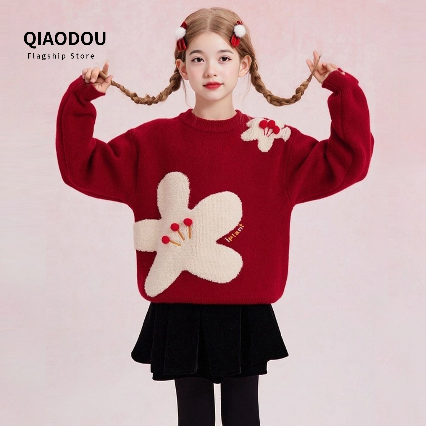 女童新年毛衣新款加厚冬季中大童红色女孩圣诞保暖儿童秋冬打底衫