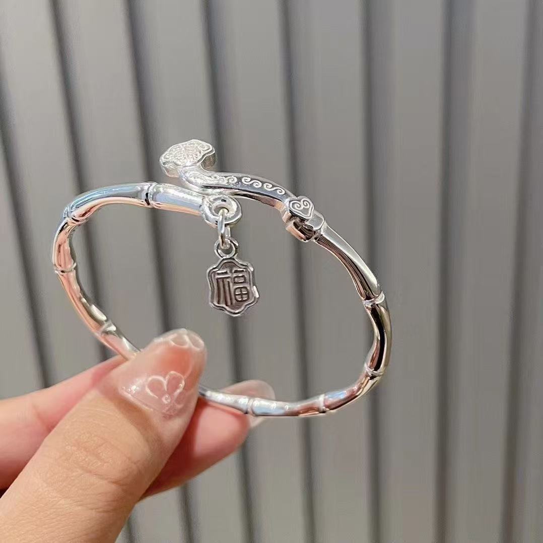足银手镯 竹节福字手镯女士经典百搭