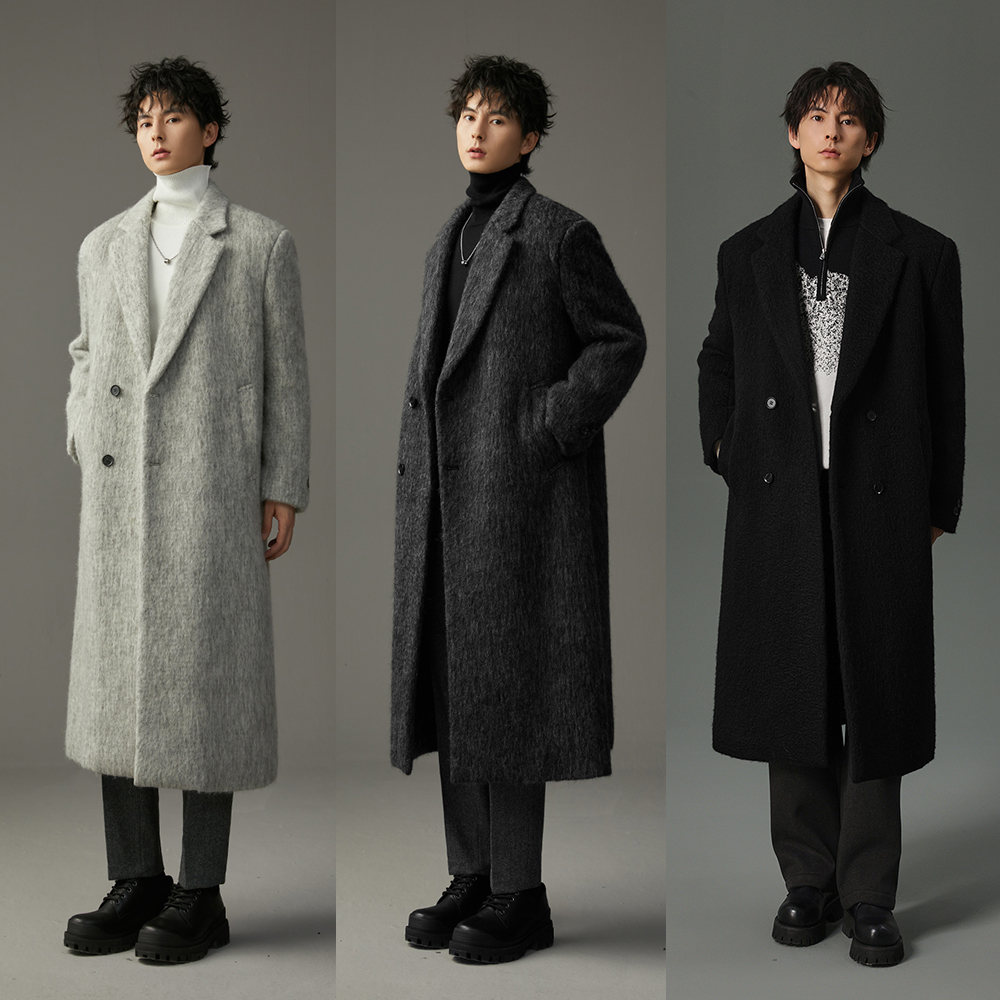 【重磅加厚】水波纹绵羊毛大衣男士中长款秋冬季休闲时尚韩版外套23