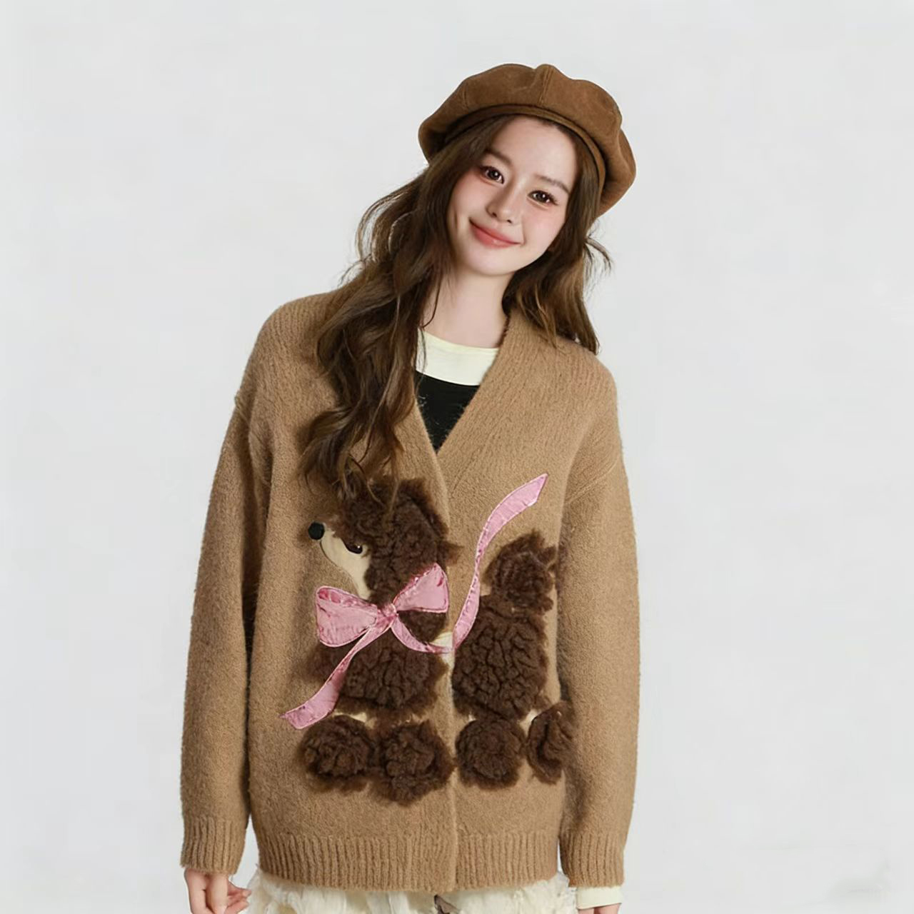 【拉风小狗】2025年冬新款宽松针织上衣女可爱小狗毛衣外套D2426