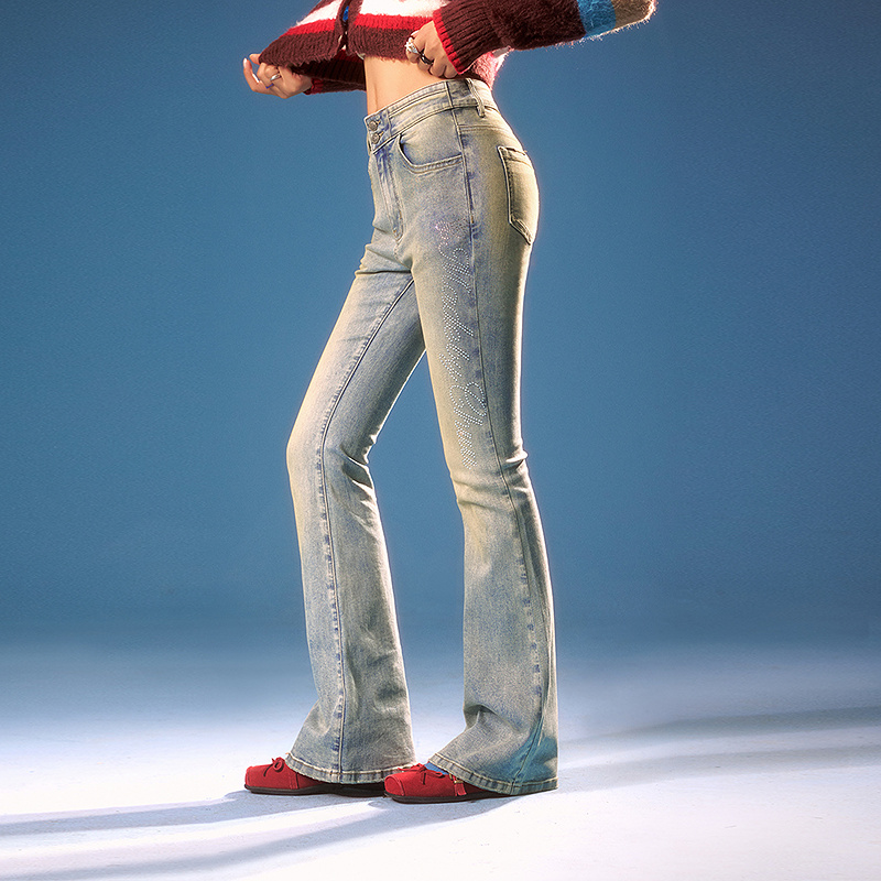 CHUU春季女装字母烫钻设计水洗磨白做旧风双腰头复古韩系牛仔裤