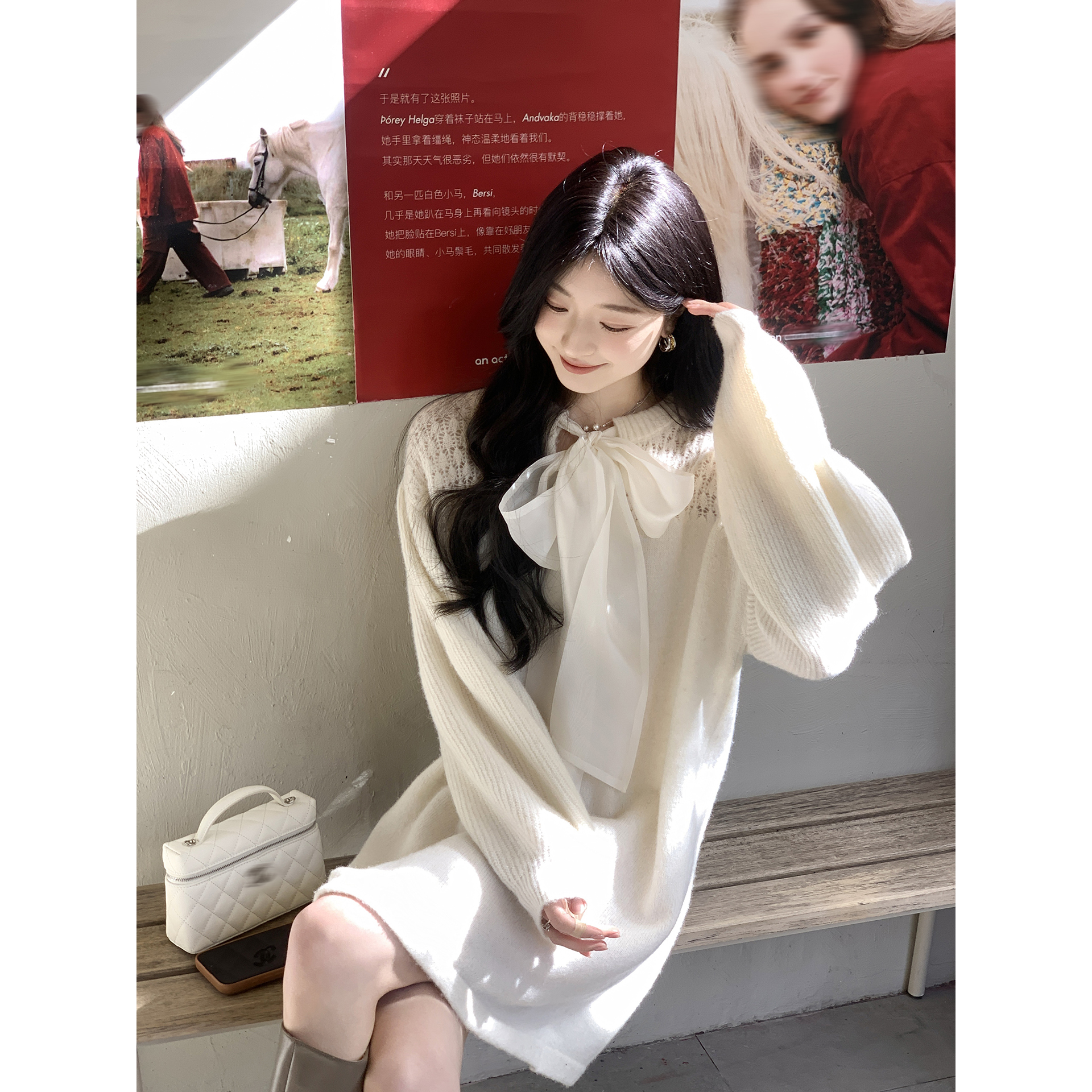 夏诗文 羊毛纱针织连衣裙女欧根纱飘带设计前后两穿编织裙子汉服