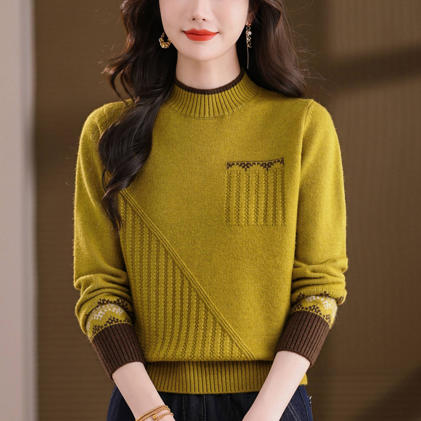 爆款羊毛衫女新款秋冬季拼色加厚半高领毛衣内搭上衣打底衫羊绒