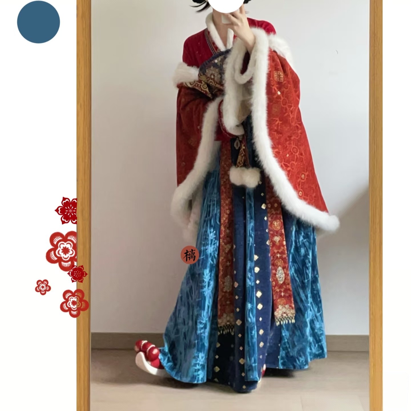 【宝钿清黛】汉服冬季国风保暖红色斗篷唐制齐胸连衣裙套装冬