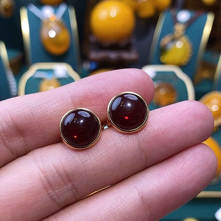 血珀耳饰银S925镀金镶嵌