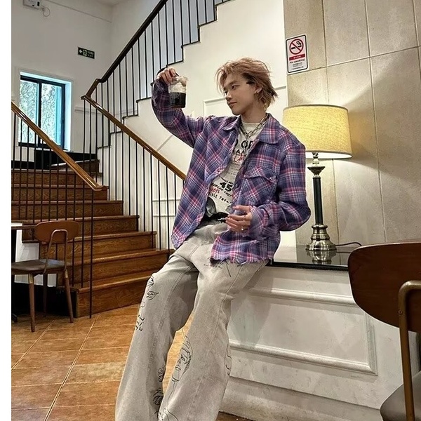 上衣春季美式复古紫色格子衬衫男潮感外套潮牌欧美街头夹克衫