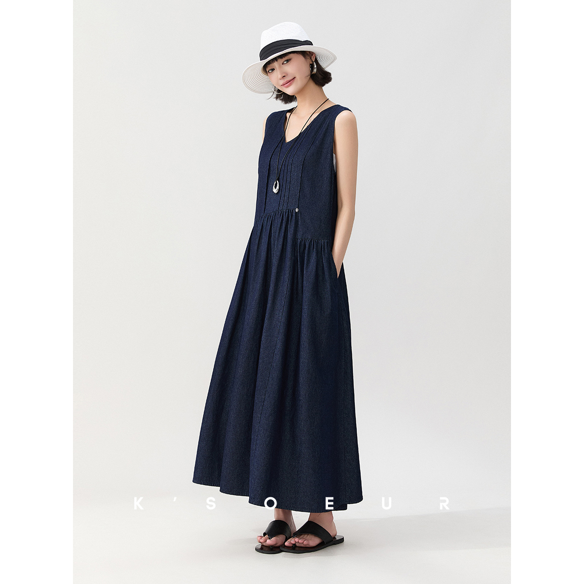 K姐KSOEUR【解构背心裙】棉混纺牛仔效果不规则分割大摆量 背心裙