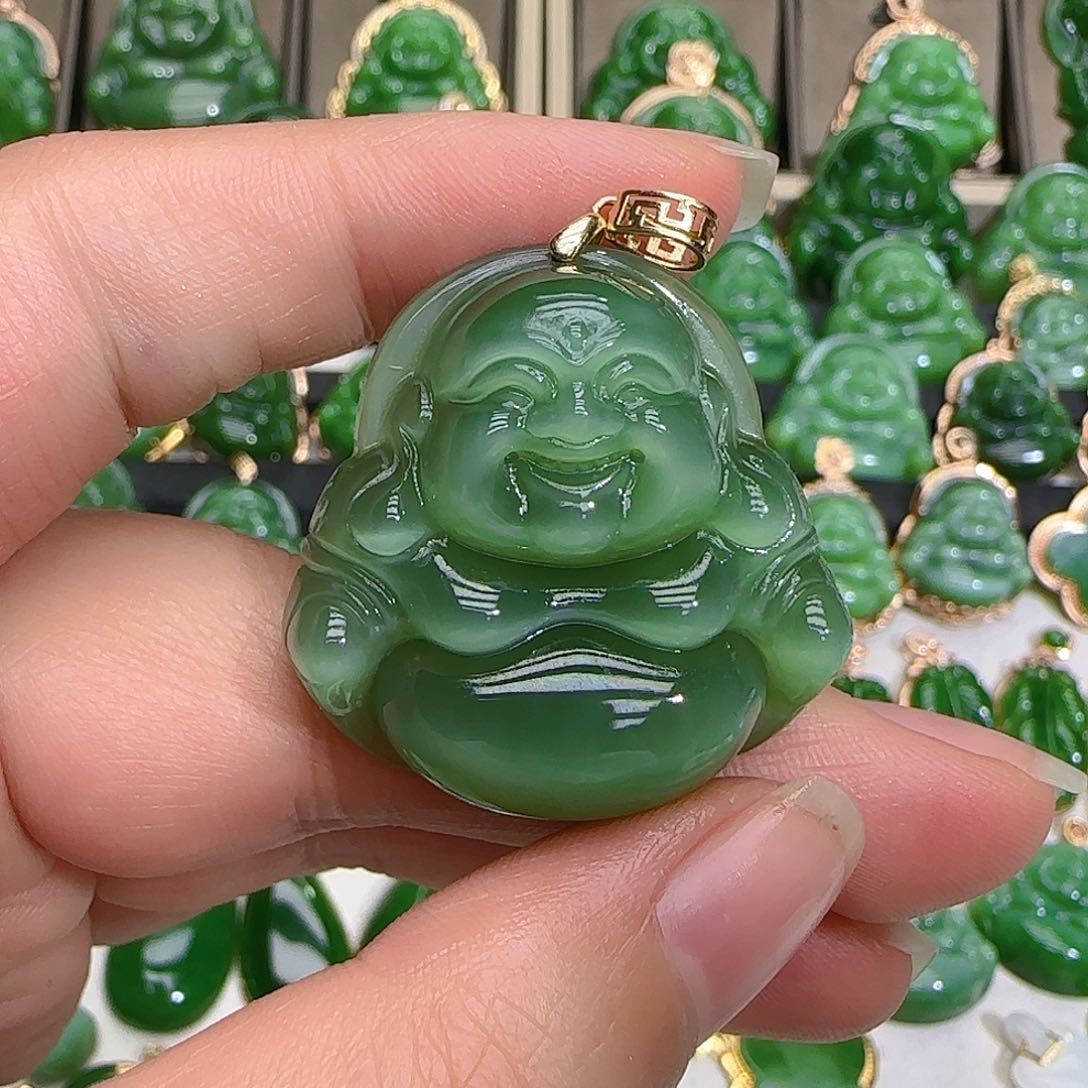 和田玉（碧玉）吊坠(不含链)18K金镶嵌浅*