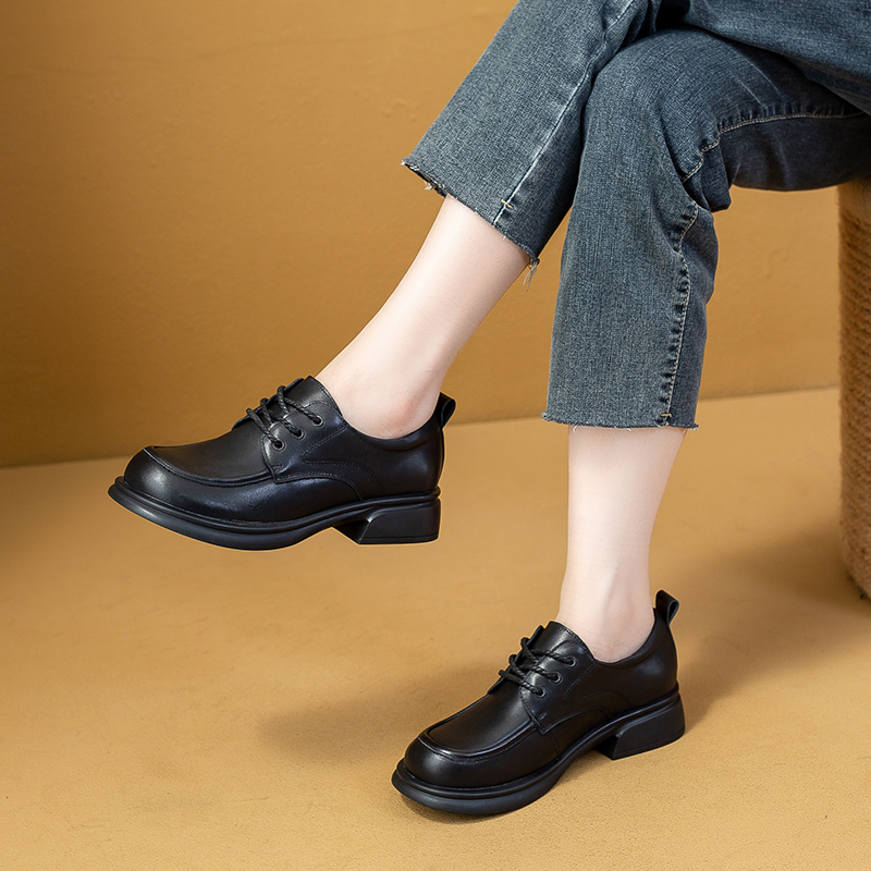 2025头层牛皮春秋软底复古圆头平底舒适透气百搭英伦风休闲女鞋