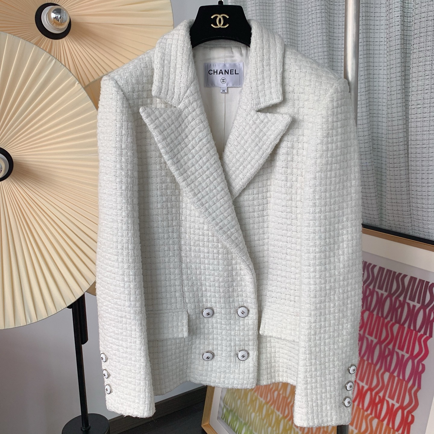 99新 Chanel/香奈儿 Chanel 21B白色米字格双排扣外套36码