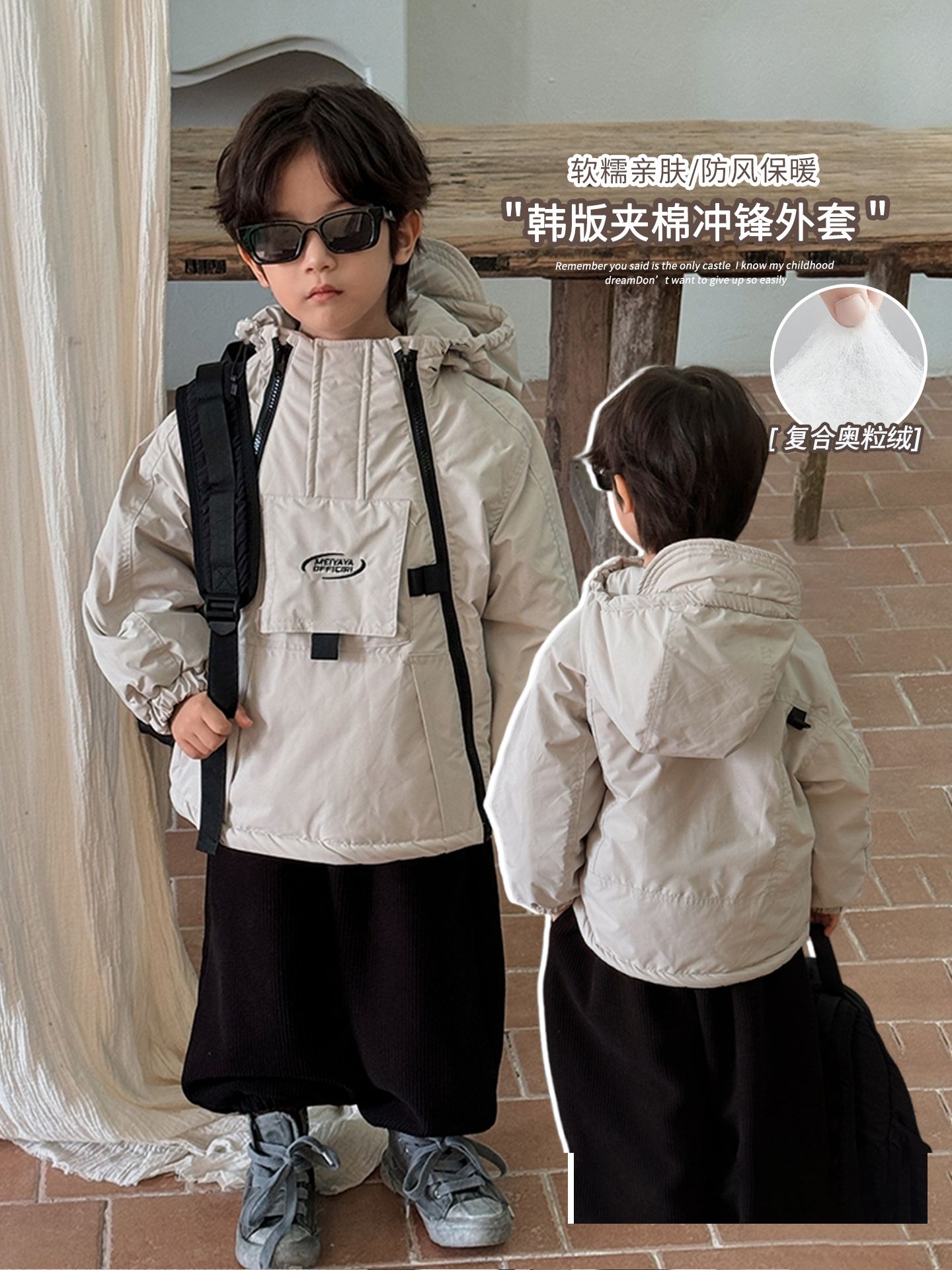 《爆款推荐》韩版儿童双拉链连帽冲锋衣男女童立体口袋保暖25DL612