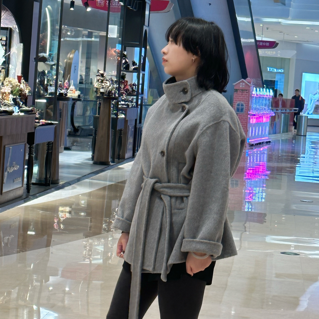 秋冬女士中长款立领系带灰色双面绒气质羊毛大衣