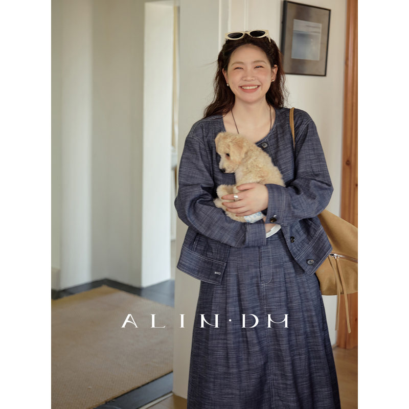 ALINDM【普鲁托秘境 】大码微胖mm砂洗牛仔蓝圆领外套/半裙 AS27138