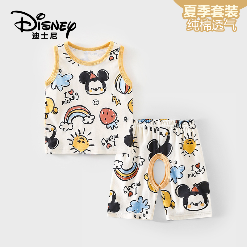Disney/迪士尼夏季宝宝背心开裆短裤套装七分裤纯棉轻薄儿童衣服
