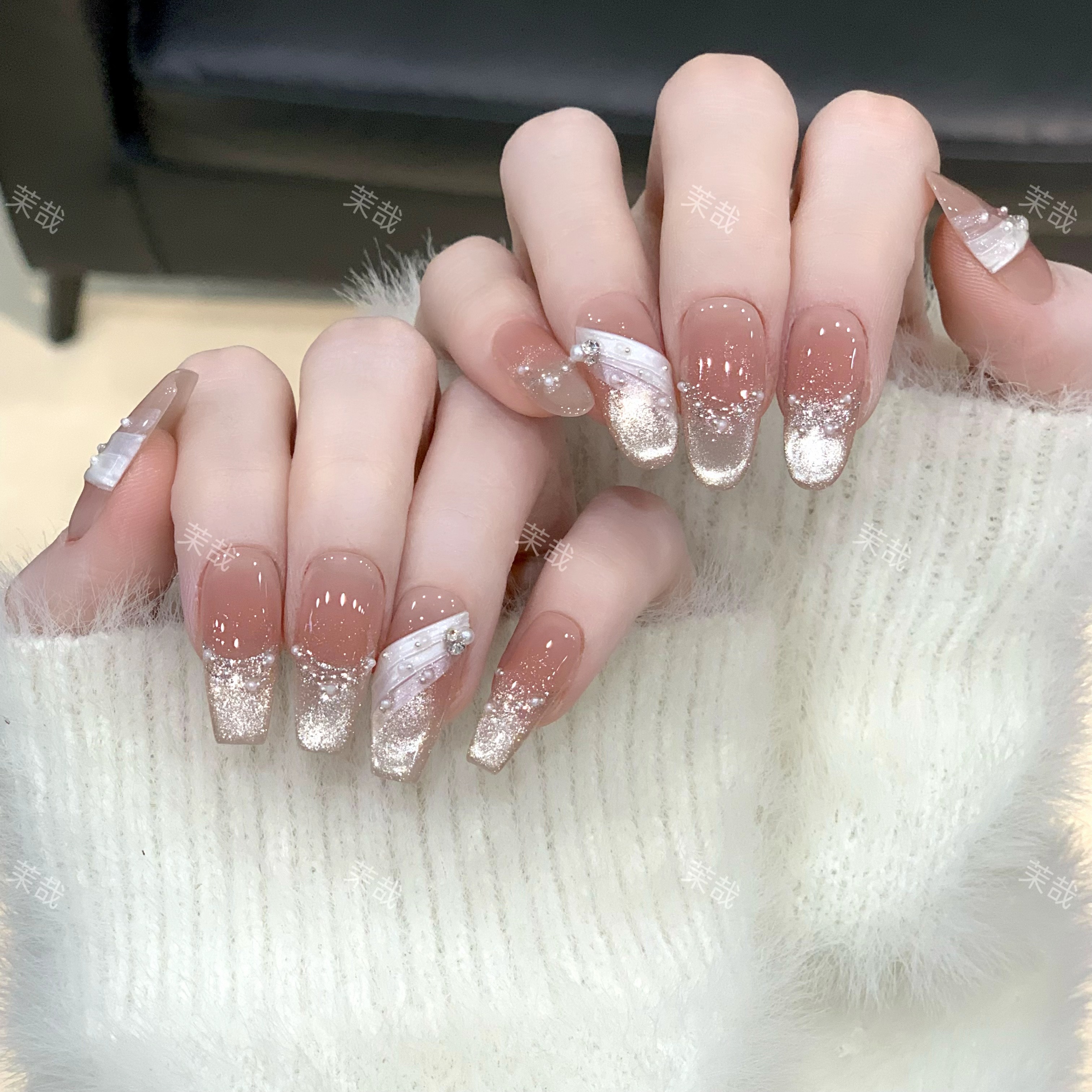 茉哉心心现货【白月银纱】纯手工定制美甲拆卸穿戴甲A4254