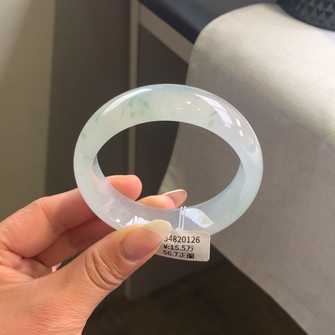 翡翠手镯未镶嵌冰种白月光飘花宽版轮胎56.7正圈