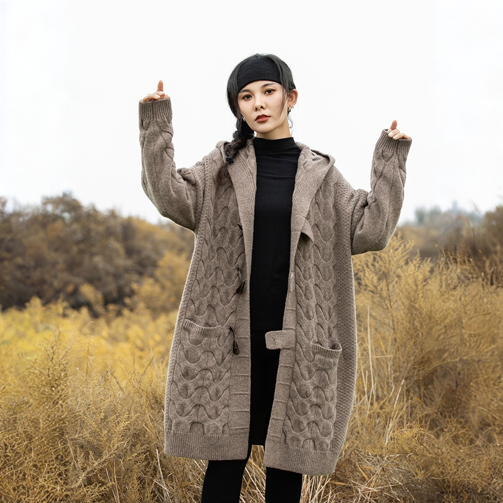 【100纯羊毛】SY223秋冬爆款长款过膝牛角扣针织大衣气质显瘦女上衣