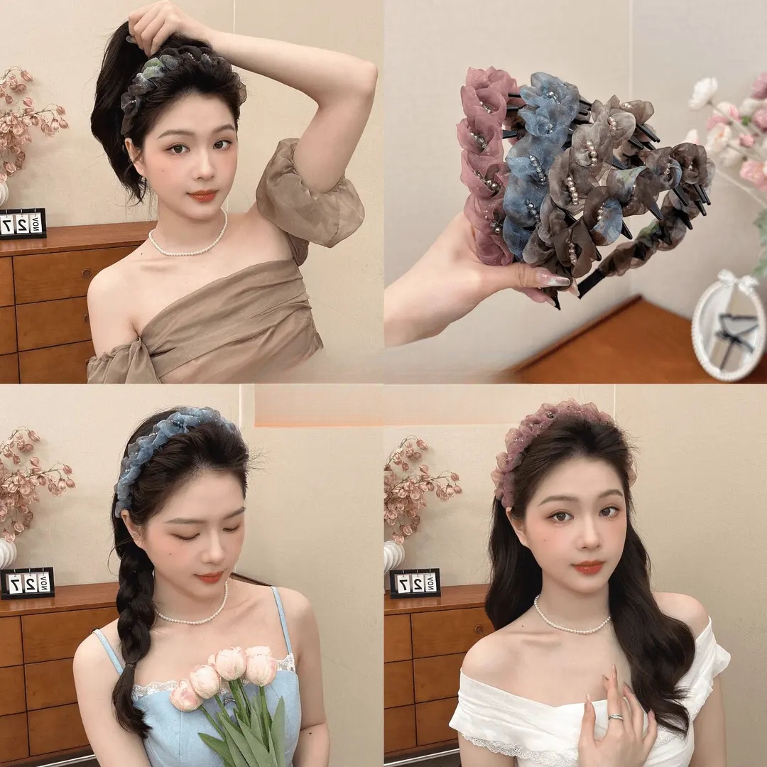 【迷雾森林】温柔网纱晕染串珠高颅顶发箍百搭碎发整理外出压发头箍