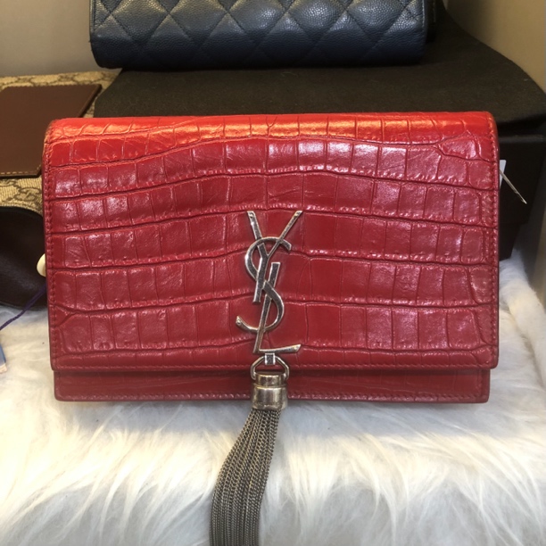 95新 YSL/圣罗兰 红色鳄纹流苏信封包单肩链条挎包