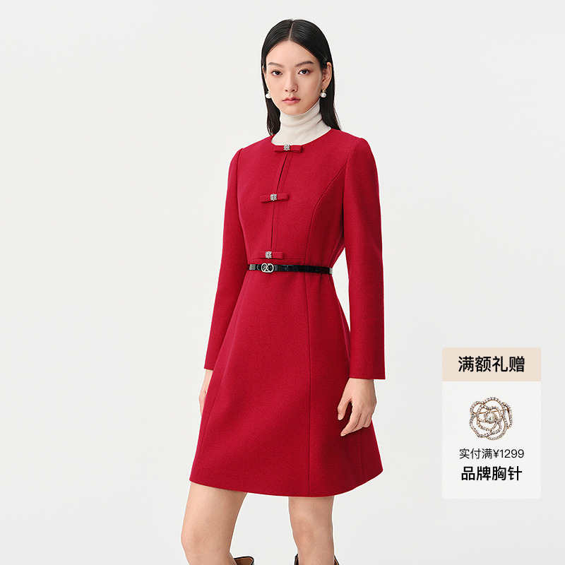珂莱蒂尔26新款绵羊毛呢精致蝴蝶结轻礼服连衣裙KF12821A5