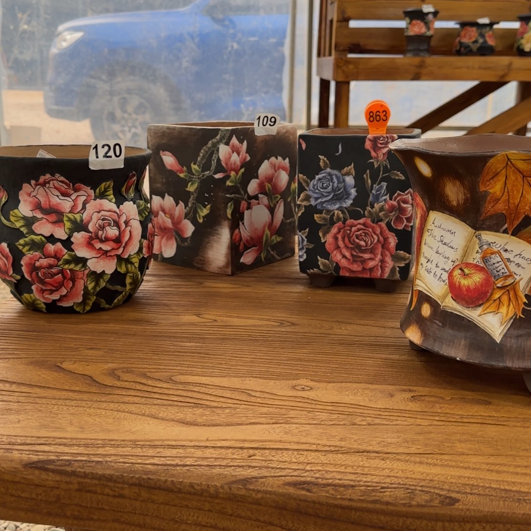 谈***首陶玫瑰玉兰枫叶四个手绘花盆