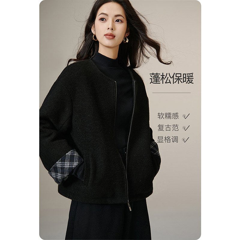 晚白【新品】2025拼接圆领夹棉毛料外套女25102450