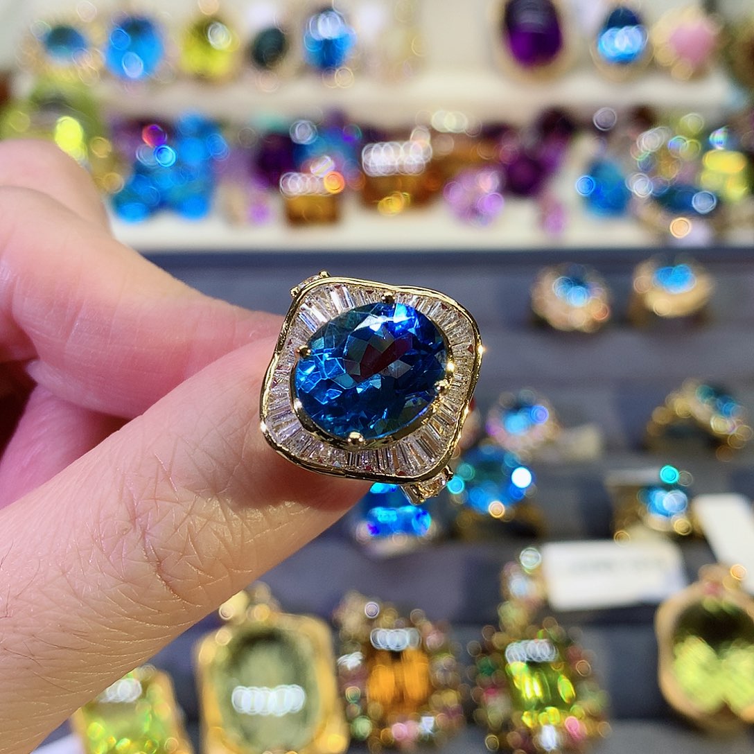 托帕石戒指银S925镀金镶嵌无****）