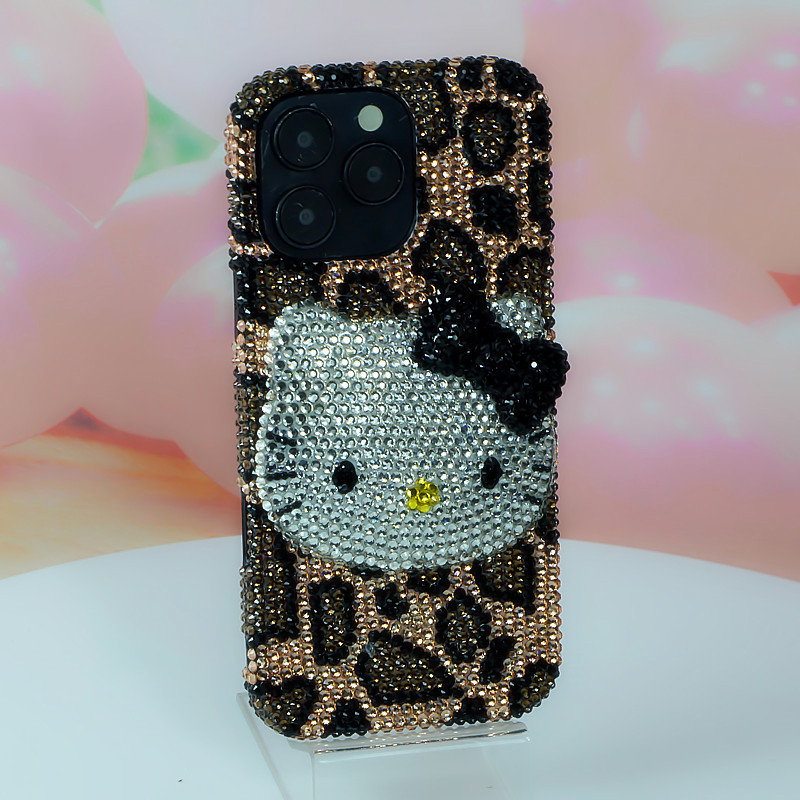 适用网红iPhone15 16proMax镶钻金色豹纹大头猫苹果手机壳水钻
