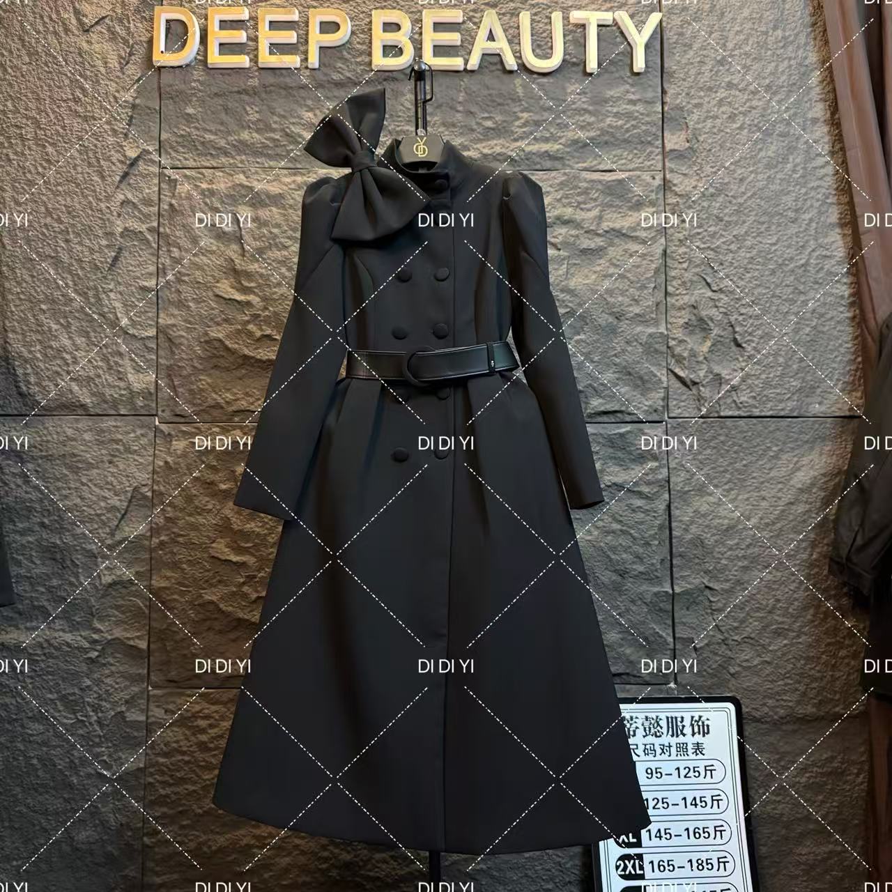 大码设计—宽松型黑色长款腰带加厚常规款外套显瘦百搭25-091