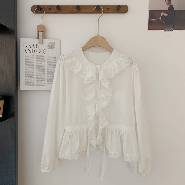 B-2242 东大门韩系春季新款蕾丝花边设计感收腰显瘦重工气质衬衫