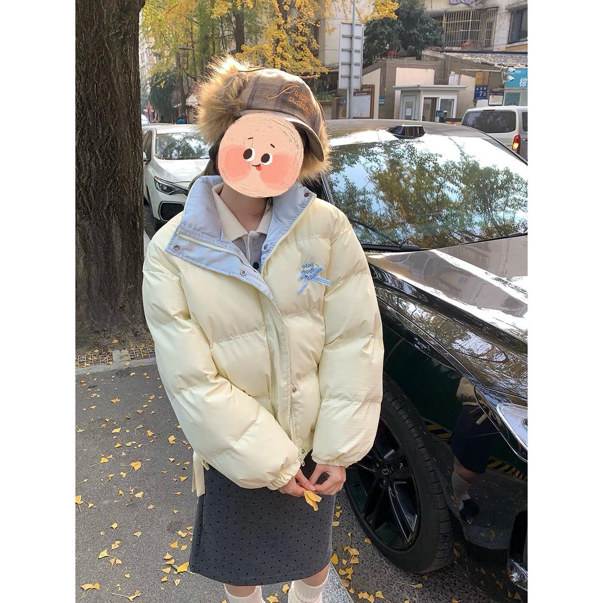 【小黄梨】韩系撞色蝴蝶结立领棉服女冬季加厚宽松面包服棉袄外套