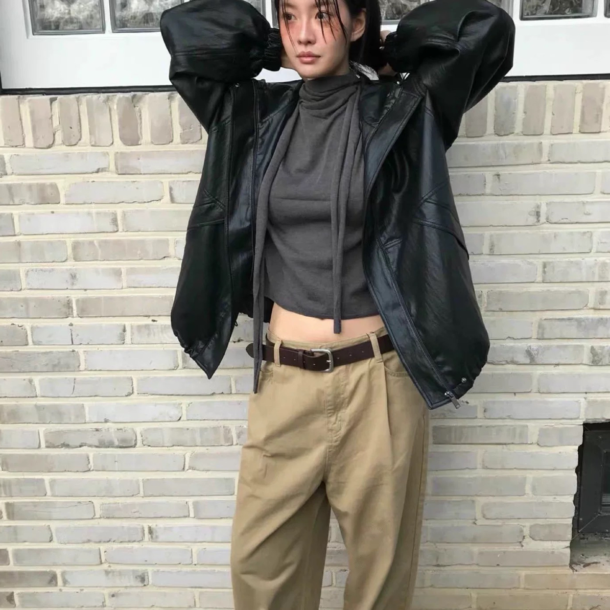 meet me~女韩国正品代秋季时尚气质连帽纯色皮衣夹克短外套