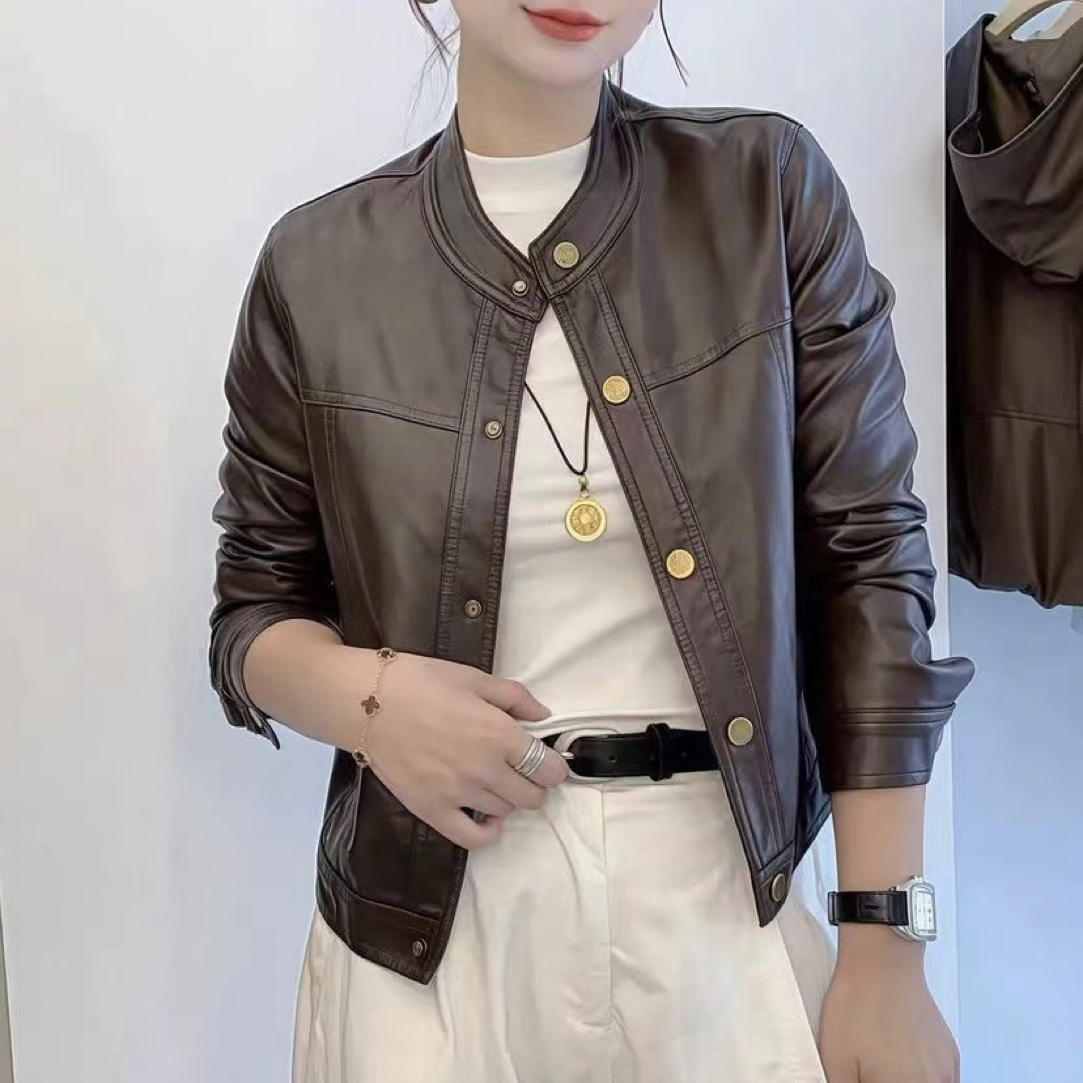 圆领皮衣外套女2025秋季新款韩版时尚小个子气质百搭机车夹克上衣