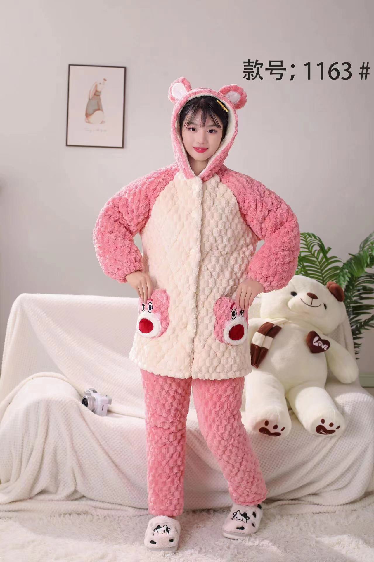新客立减家居服长裤冬季甜美连帽粉色保暖睡衣家居服套装