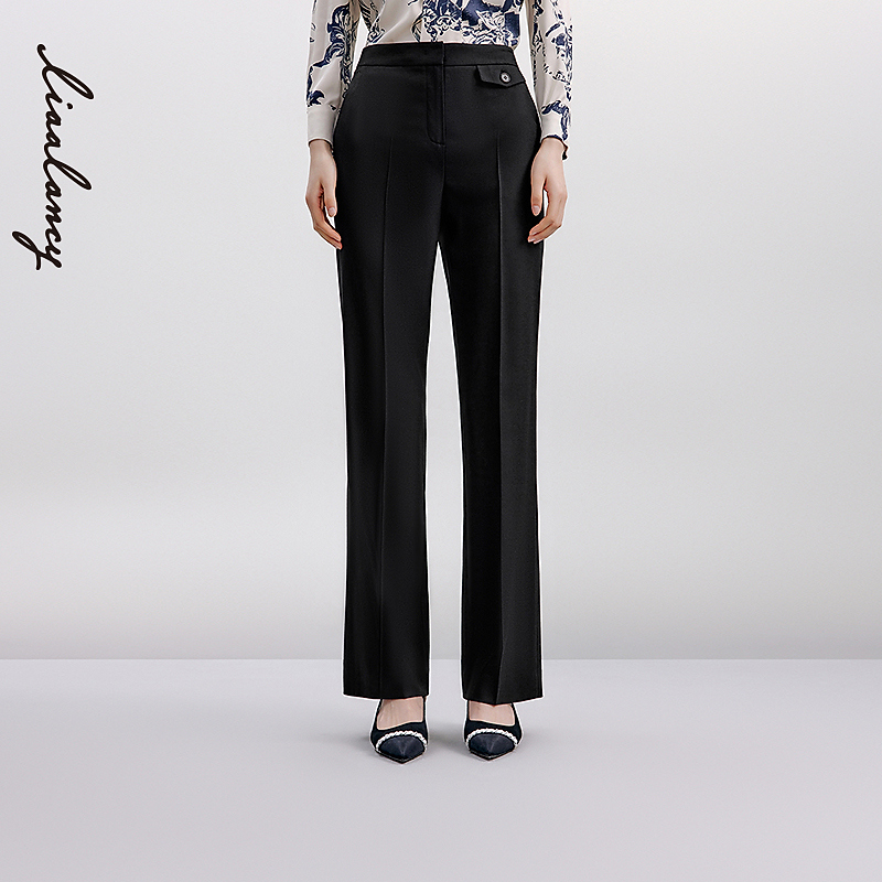 LANCY/朗姿黑色绵羊毛正装微喇西裤职业显瘦直筒裤女