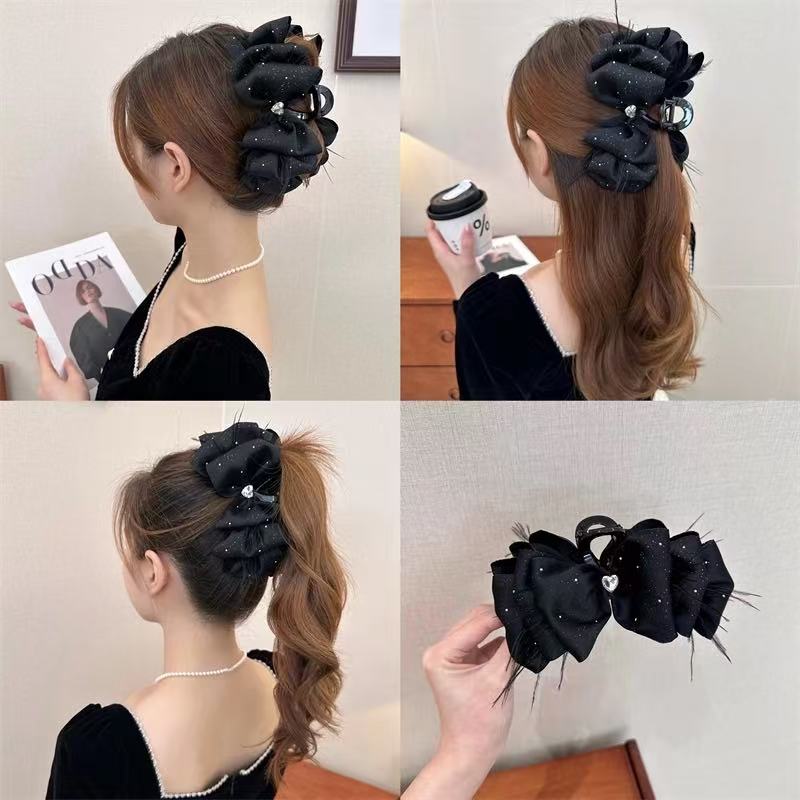 t64 t68【满天星蝴蝶结抓夹】羽毛发夹鲨鱼夹高级感蓬松泡泡发夹女