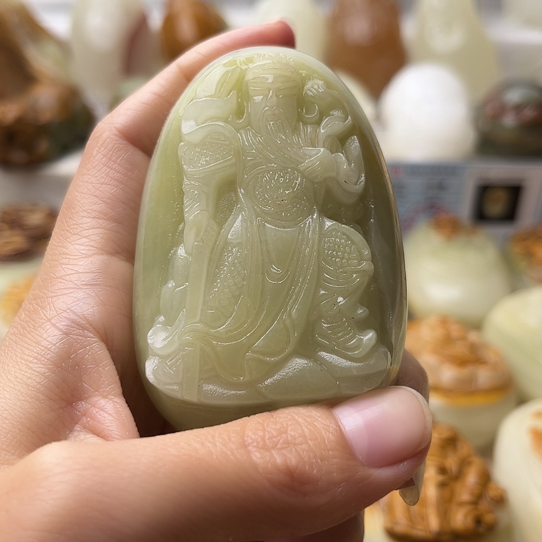 石材方解石手把摆件不退换关公