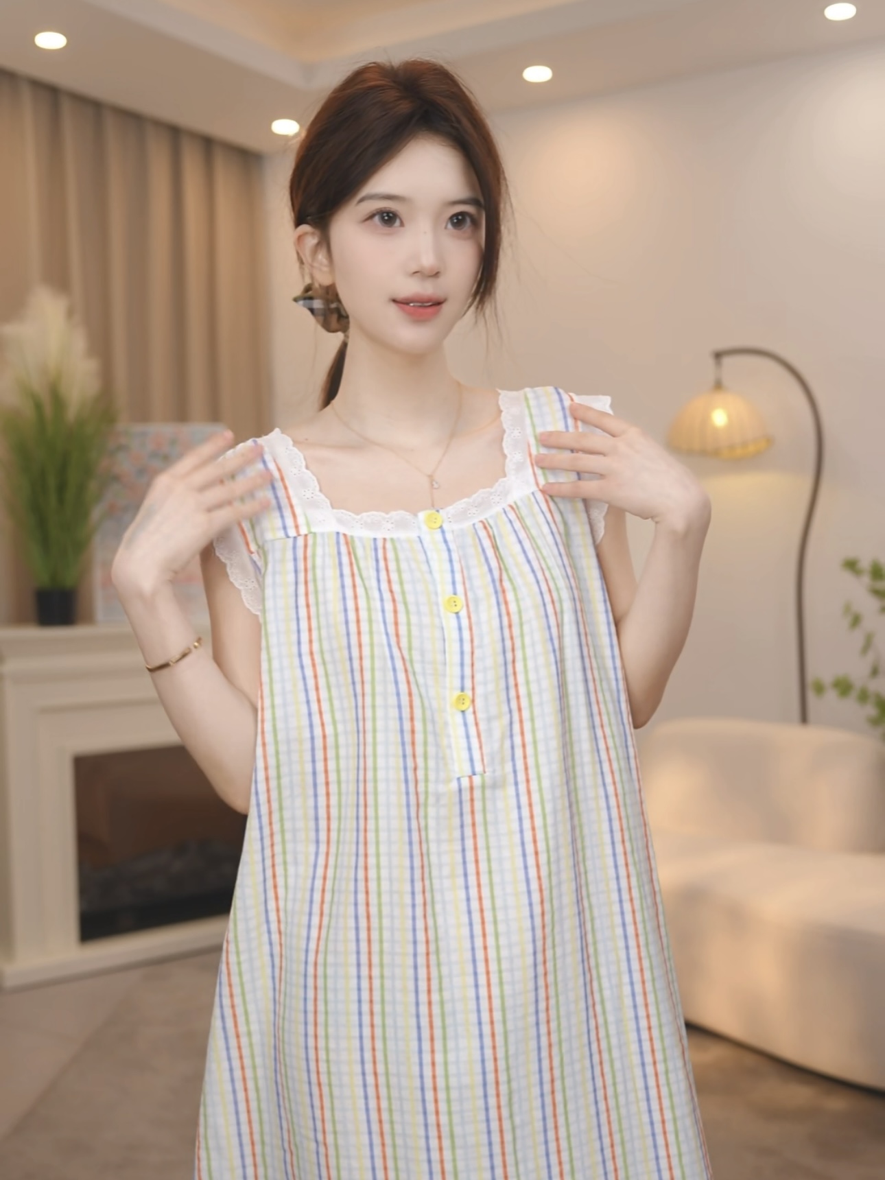 板栗小姐【棱彩】新款女士夏季高定纯棉睡衣家居服睡裙甜美轻奢