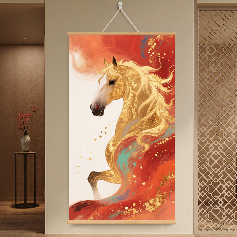 【70x120 高级书法绒布】富蕴骏马玄关挂画客厅挂画