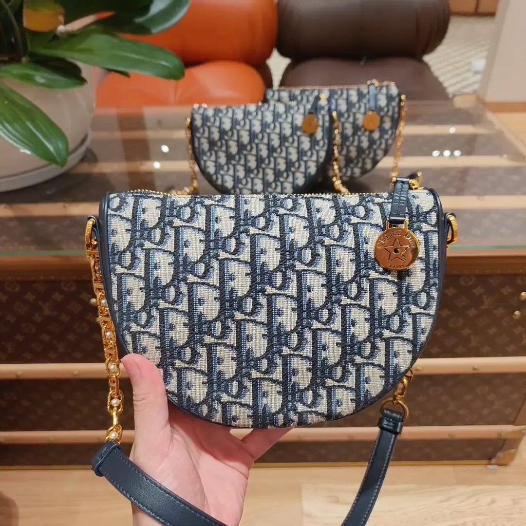 99新 DIOR/迪奥 DIOR 999  新老花丹宁月牙包马鞍链条包