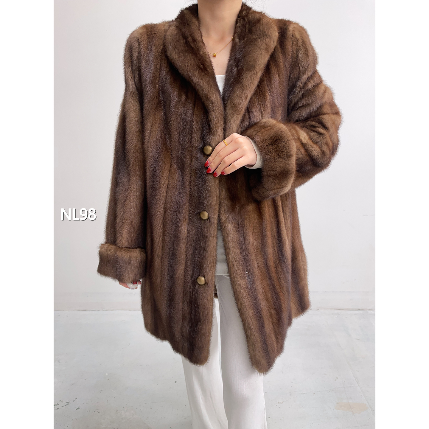 【NL98】M 冷茶棕中长款全抽水貂外套（肩41胸104衣80袖61）11098